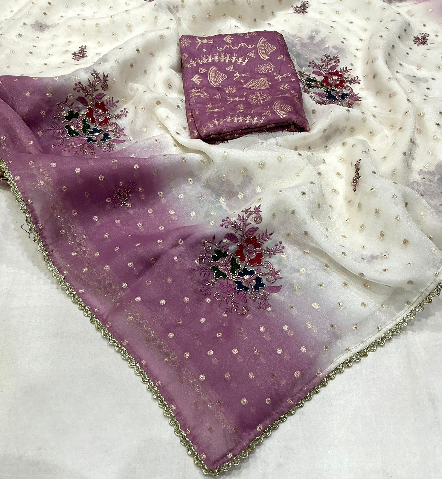 Onion Pink with White Organza Zari Embroidery Saree